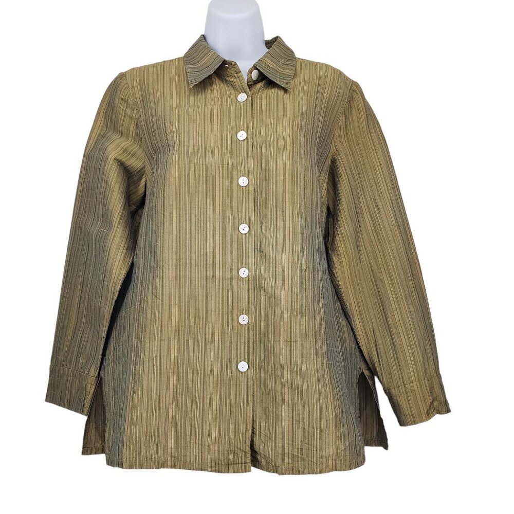 VTG Y2K Spenser Jeremy Silk Striped Button Up Tunic Top Womens L Olive Green‎
